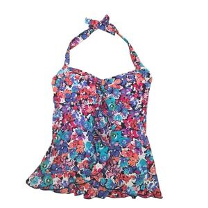 24th & Ocean Womens Floral Ruffle Halter Tankini Top Multi‎ Color Size Small